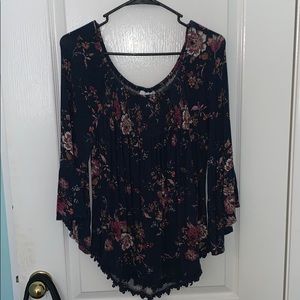 LUQ Navy Blue Floral Off the Shoulder Top